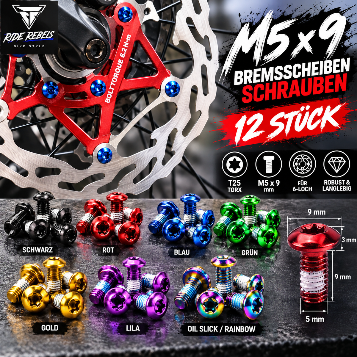 12x M5x9 Bremsscheiben Schrauben T25 Torx MTB Fahrrad E-Bike farbig