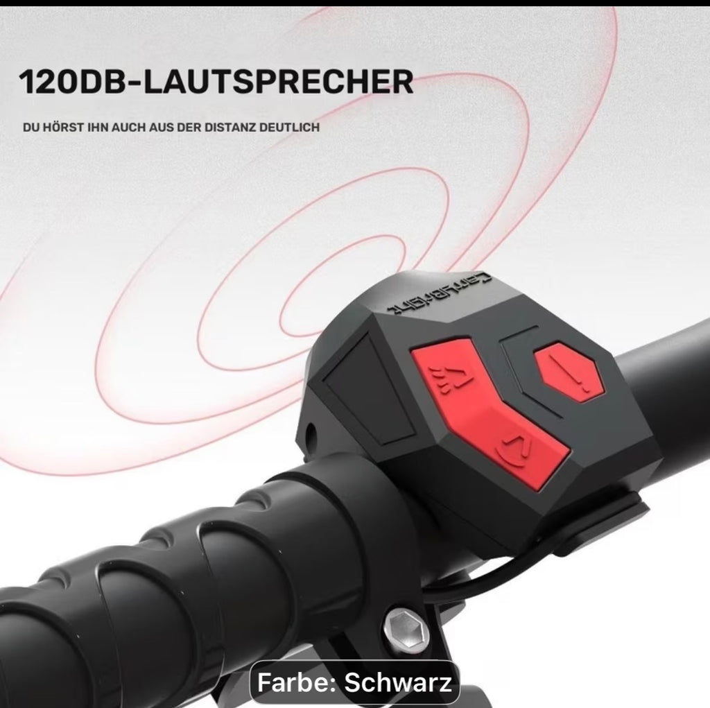Fahrradhupe 120 dB mit Alarm & USB-Ladefunktion – Schwarz / Carbon-Look