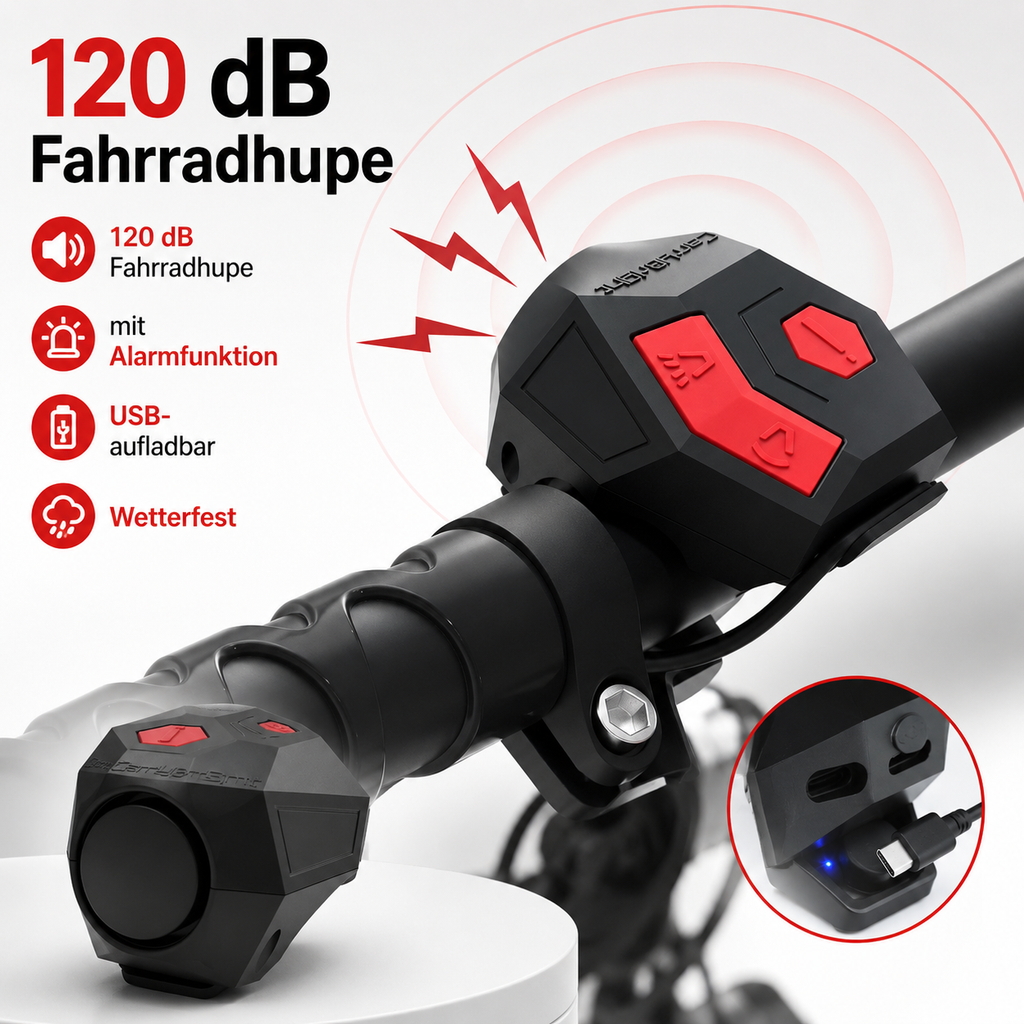 Fahrradhupe 120 dB mit Alarm & USB-Ladefunktion – Schwarz / Carbon-Look