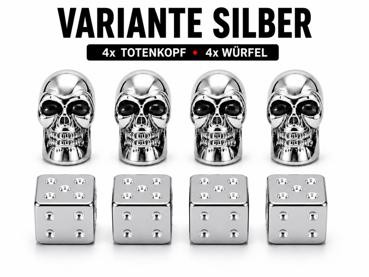 Ventilkappen Würfel/Skull im 8er Set verschiedene Farben Schrader