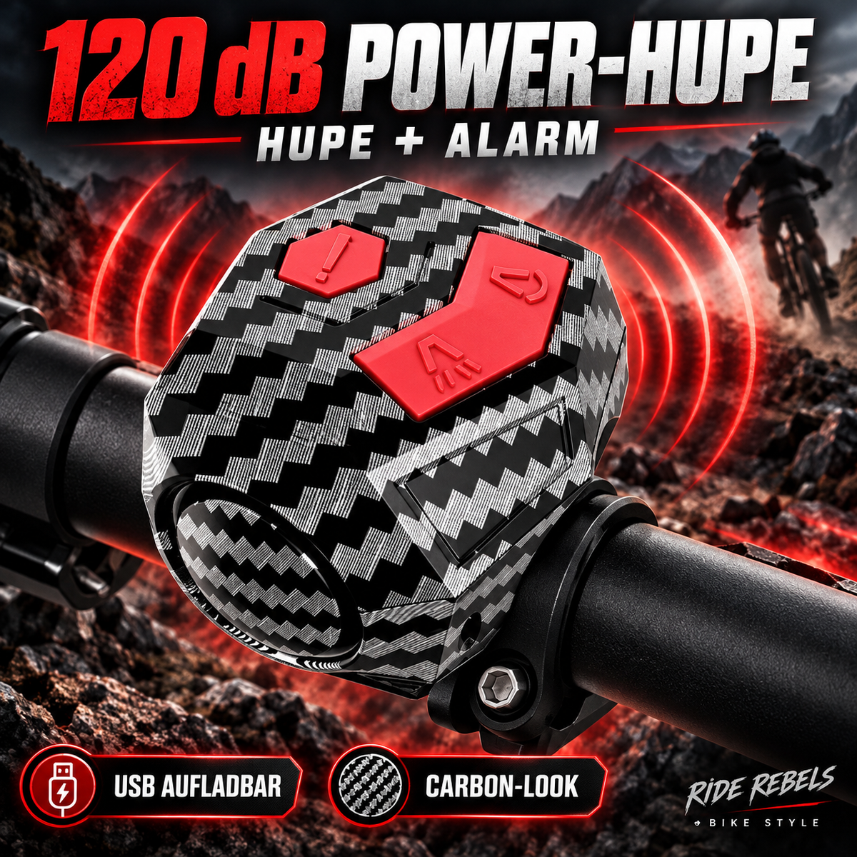Fahrradhupe 120 dB mit Alarm & USB-Ladefunktion – Schwarz / Carbon-Look