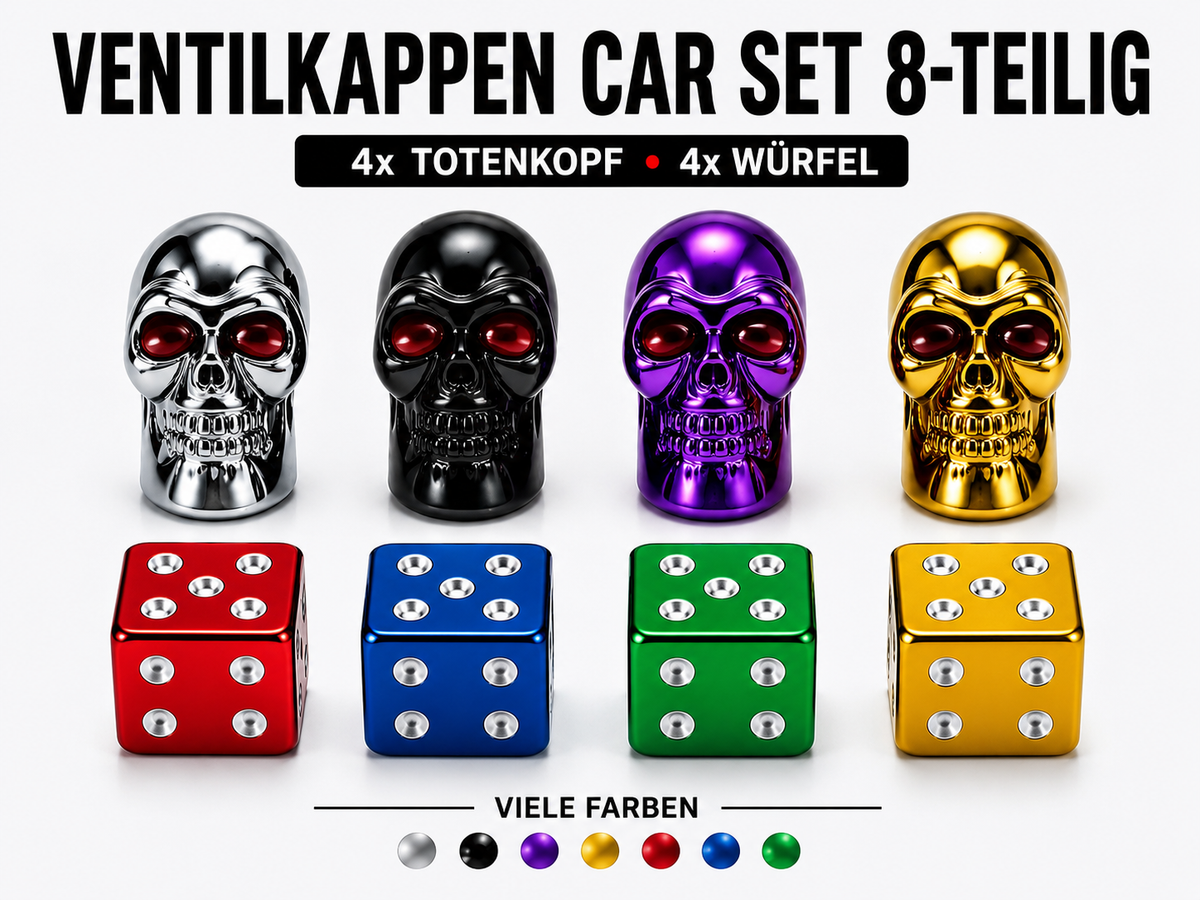 Ventilkappen Würfel/Skull im 8er Set verschiedene Farben Schrader