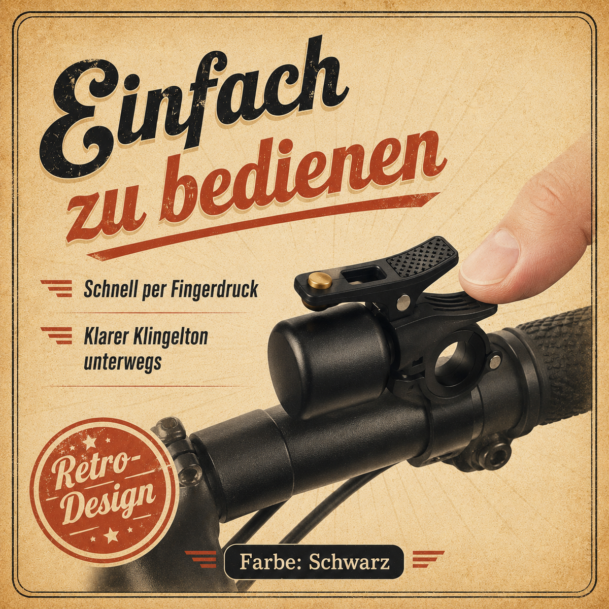 Retro Fahrradklingel Schwarz – Metall-Klangkörper mit Hebelbedienung