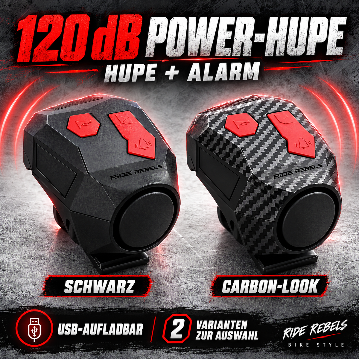 Fahrradhupe 120 dB mit Alarm & USB-Ladefunktion – Schwarz / Carbon-Look