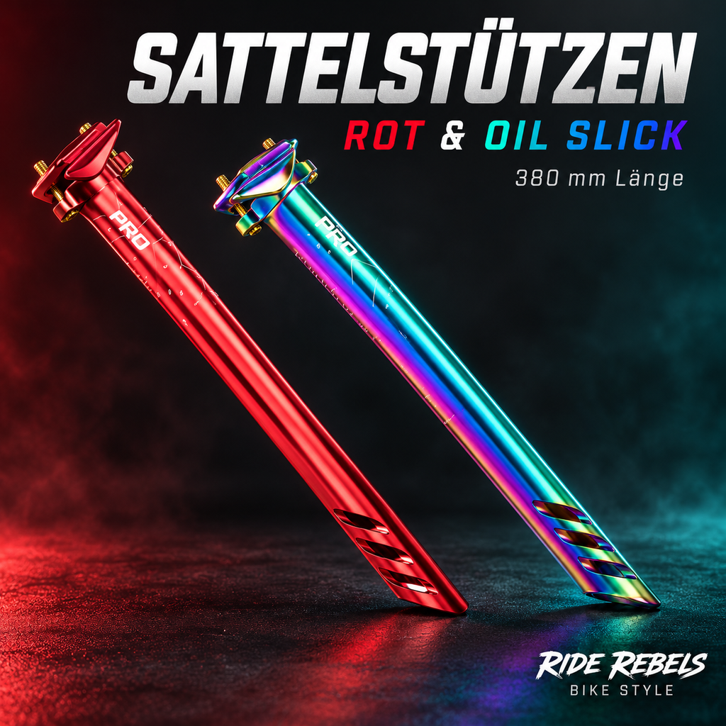 Alu-Sattelstütze 380 mm – Rot & Oil Slick – Ø 27,2 / 30,8 / 31,6 mm x 400 mm